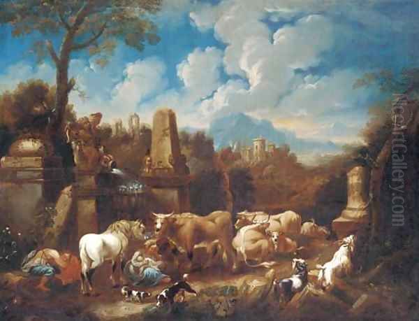 An Italianate landscape with a peasant family resting with cattle and sheep amongst ruins - view 1