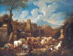 An Italianate landscape with a peasant family resting with cattle and sheep amongst ruins by Johann Heinrich Roos