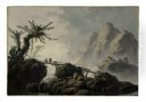 A Mountainous Landscape With Goatherds Crossing A Bridge by Jean-Baptiste Pillement