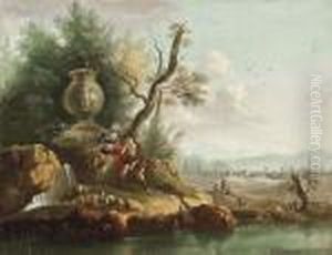 An Extensive River Landscape With A Shepherd And Shepherdess by Jean-Baptiste Pillement