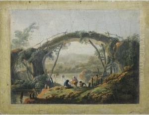 A Pair Of River Landscapes With Figures Approaching A Bridge by Jean-Baptiste Pillement