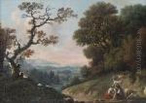 A Wooded River Landscape With Shepherds And Their Flock At Rest by Jean-Baptiste Pillement