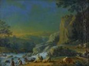 Figures And Animals By A Mountain Stream