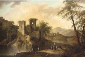 A landscape with Italianate ruins, anglers and other figures by a river by Pandolfo Reschi