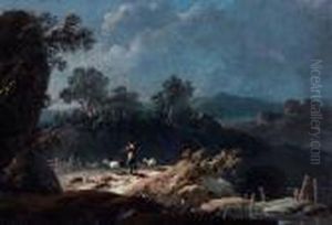 Paysage Aux Rochers Et A La Riviere Avec Patre Au Repos by Jean-Baptiste Pillement