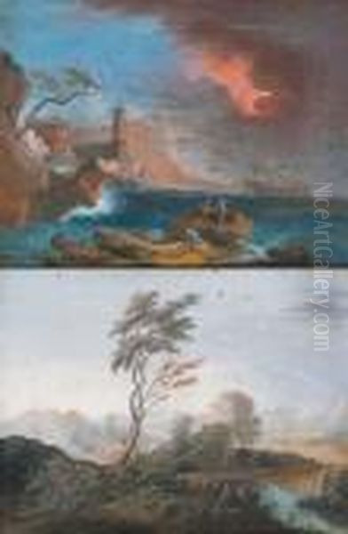 Marina In Burrasca Con Veliero E Figure - view 1