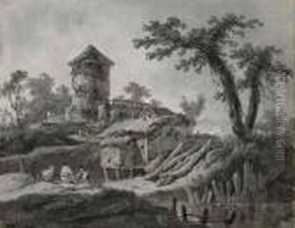 Paysage Fluvial, Une Tour A L'arriere-plan - view 1