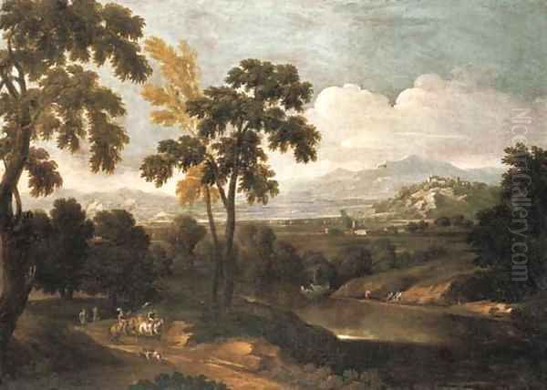 An extensive river landscape with a hunting party - view 1