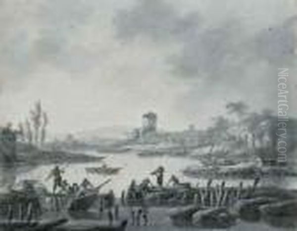 Pecheurs Remontant Leurs Filets
Dans Des Barques Au Bord Du Rivage,une Tour A L'arriere-plan - view 1