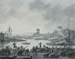 Pecheurs Remontant Leurs Filets
Dans Des Barques Au Bord Du Rivage,une Tour A L'arriere-plan by Jean-Baptiste Pillement