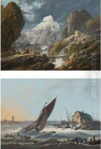 A Mountainous Landscape With Two Foot Bridges And Travelers by Jean-Baptiste Pillement