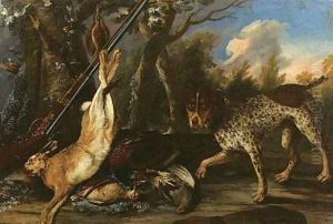 A dead hare and dead snipes hanging from a tree with a pheasant A dead hare and dead snipes hanging from a tree with a pheasant