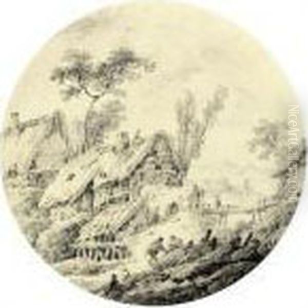 A Wooded Landscape With Cottages And Figures On A Bridge - view 1