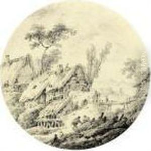 A Wooded Landscape With Cottages And Figures On A Bridge by Jean-Baptiste Pillement