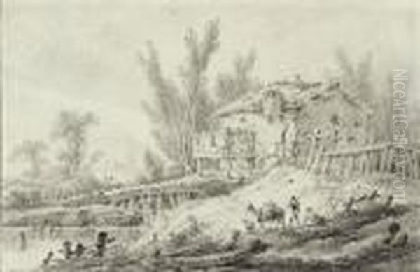 Travellers With A Donkey On The Banks Of A River - view 1