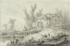 Travellers With A Donkey On The Banks Of A River by Jean-Baptiste Pillement