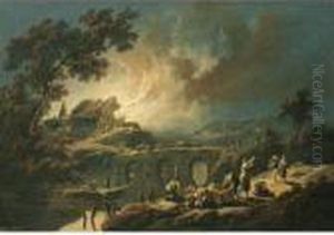 A River Landscape With Figures Fleeing A Burning Village by Jean-Baptiste Pillement