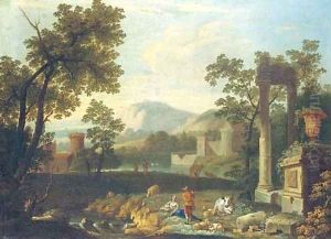 An Italianate landscape with shepherds by classical ruins by Pieter Rysbrack