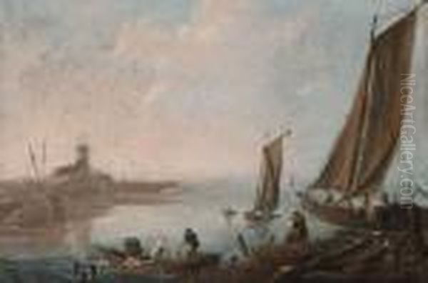 Pecheurs Dans Une Barque Et Un Bateau Devant Un Rivagerocheux - view 1