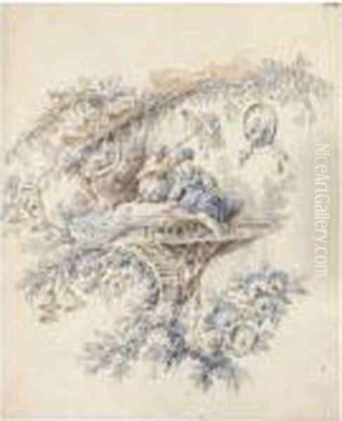 Chinoiserie Design With Two Seated Figures In A Bower - view 1