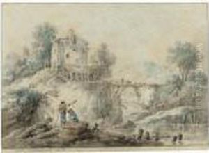 A Rustic Landscape With Two Peasants Resting By A River by Jean-Baptiste Pillement