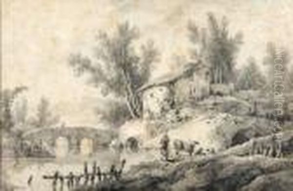 Bergere Et Son Troupeau Pres D'une Riviere Avec Un Pont Et Une Vieille Ferme. - view 1