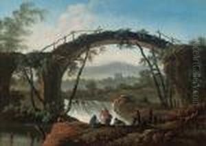 An Italianate River Landscape With Figures Under A Bridge, By A Waterfall by Jean-Baptiste Pillement