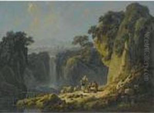 A Landscape With Peasants Resting Their Flock Beside A Waterfall