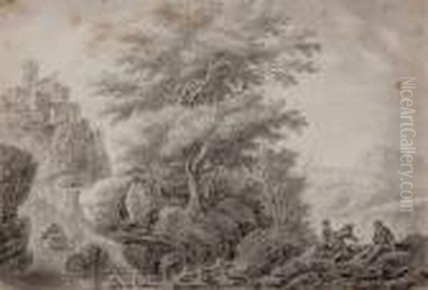 Personnages Au Bord D'une Riviere Dans Un Paysage Rocheux - view 1
