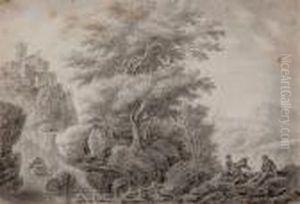 Personnages Au Bord D'une Riviere Dans Un Paysage Rocheux by Jean-Baptiste Pillement