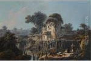 A Southern Landscape With Fishermen Near A Stone House Beside A River by Jean-Baptiste Pillement