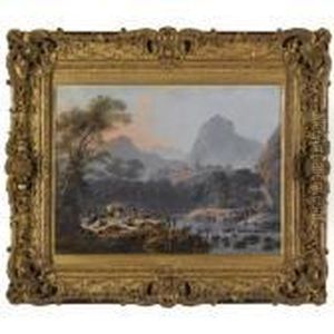 A Mountainous Landscape With Peasants Making Merry On The Bank Of A River by Jean-Baptiste Pillement