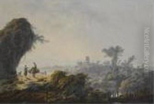 An Extensive Fluvial Landscape With Herders And Their Flock On A Path