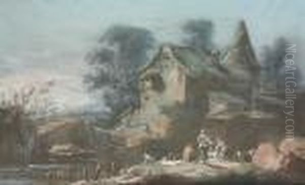 A Mill Beside A River, Washerwomen In The Foreground - view 1