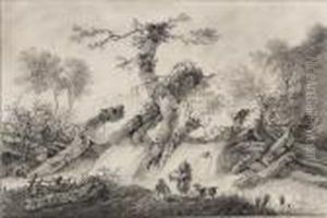 Peasants By A Waterfall With Gnarled Trees Peasants By A Waterfall With Gnarled Trees