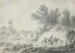 Herdsmen In A River Landscape With A Ruined Tower And A Bridge by Jean-Baptiste Pillement