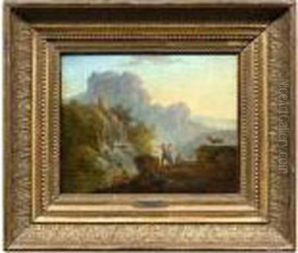 Felsige Fluslandschaft Mit Rastenden Hirten An Einem Wasserfall. - view 1