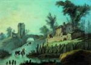 Bergers Et Leur Troupeau Devant Un Paysage De Cascade
