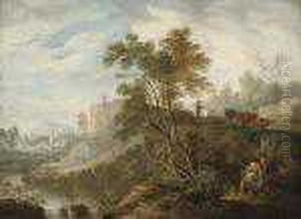 A River Landscape With Fishermen On The Bank, A Herdsmen And Cattle On A Track Beyond - view 1