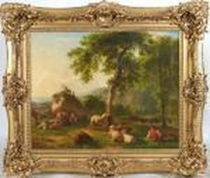 Shepherds And Theirflock Resting In Landscape by Jean-Baptiste Pillement