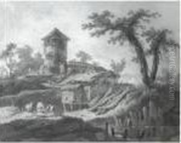 A Pastoral Landscape With Shepherds Resting By A River And Farmbuildings Beyond by Jean-Baptiste Pillement