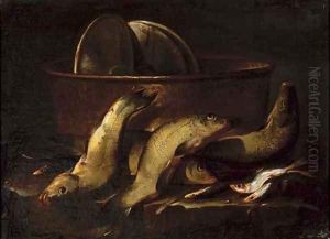A catch of fish by a copper cauldron on a stone ledge