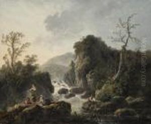 A Mountainous River Landscape With Figures Fishing Below Acascade