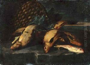 A catch of fish by a panier on a stone ledge by Elena Recco