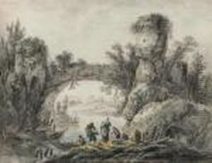 River Landscape With Fishermen. River Landscape With Fishermen.