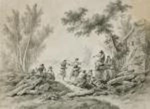 Peasants Resting And Dancing To A Piper Beside A Farm by Jean-Baptiste Pillement