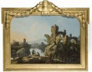 Pecheurs Au Bord D'un Lac Surplombe Par Un Chateau En Ruines by Jean-Baptiste Pillement