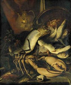 A lobster, cod and other fish with a copper urn and a jug on a stone ledge with a seashell