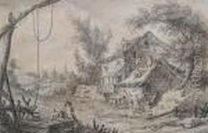 A Landscape With Cottages And A Well by Jean-Baptiste Pillement