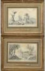 "paysage Aux Lavandieres" Et "paysage Aux Ruines".
 10 X 15,5 Cm. by Jean-Baptiste Pillement